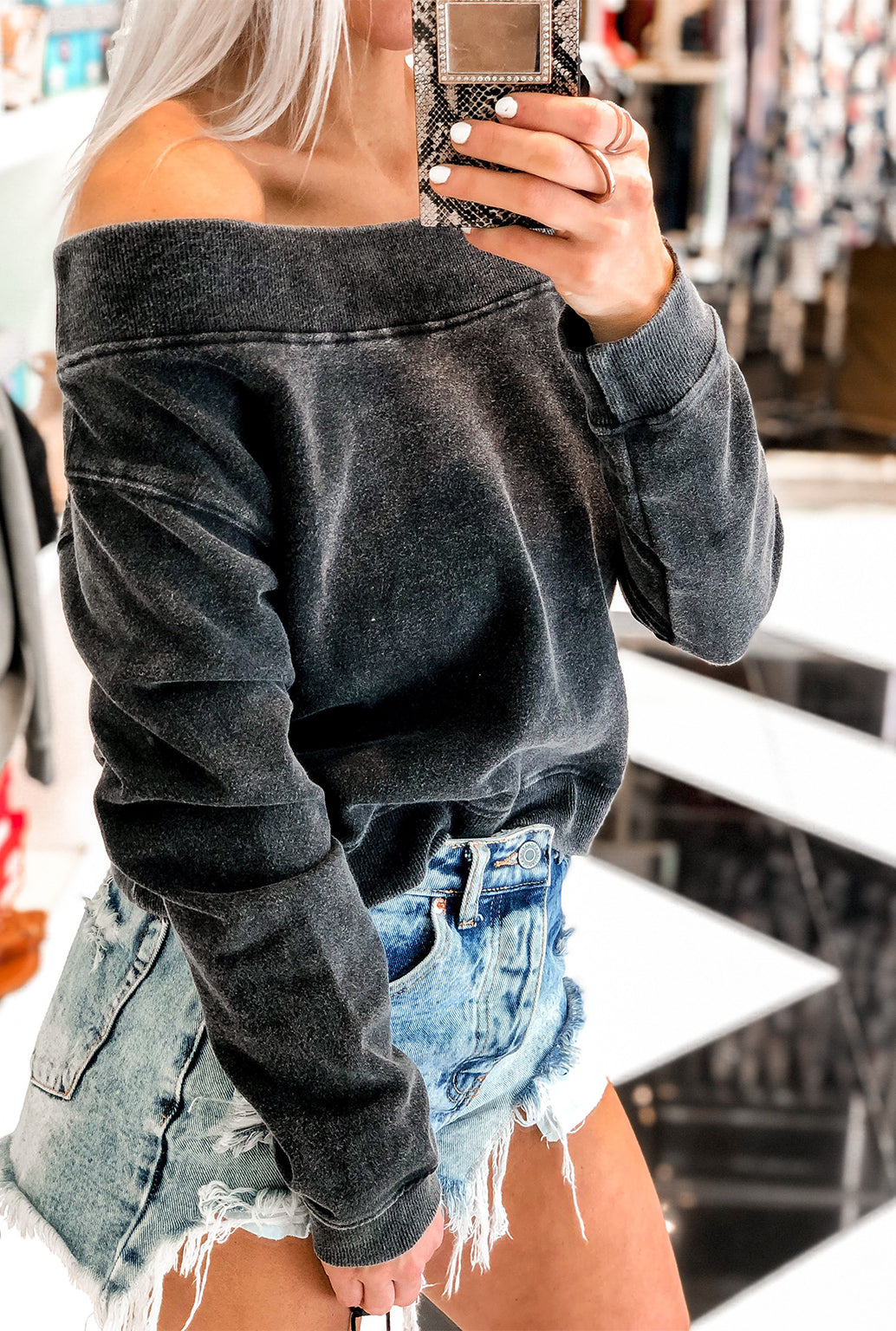 Black Off The Shoulder Mineral Wash Pullover