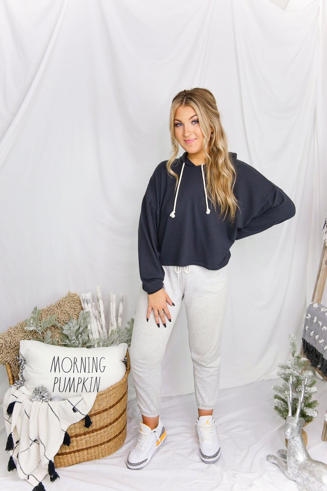 Brushed Balloon Sleeve Cropped Hoodie - Charcoal