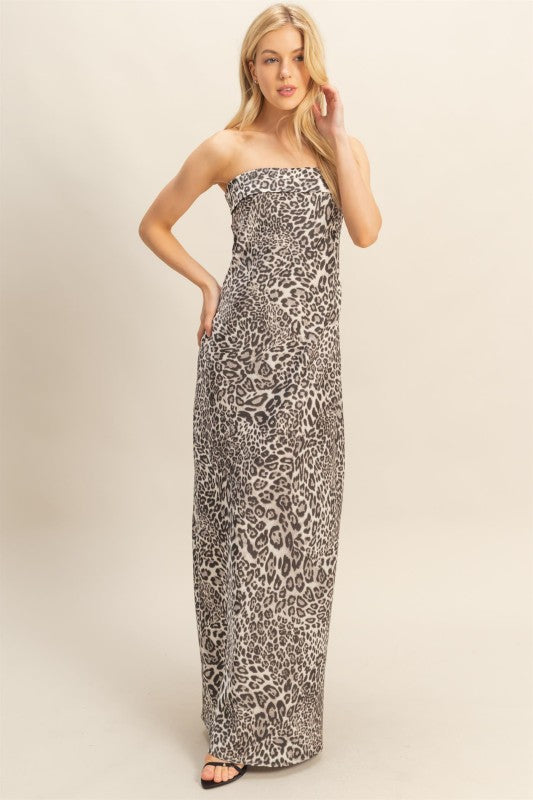 Snow Leopard Satin Tube Maxi Dress