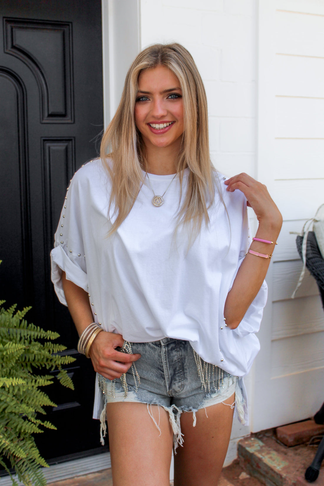 White Oversized Studded Detail Top