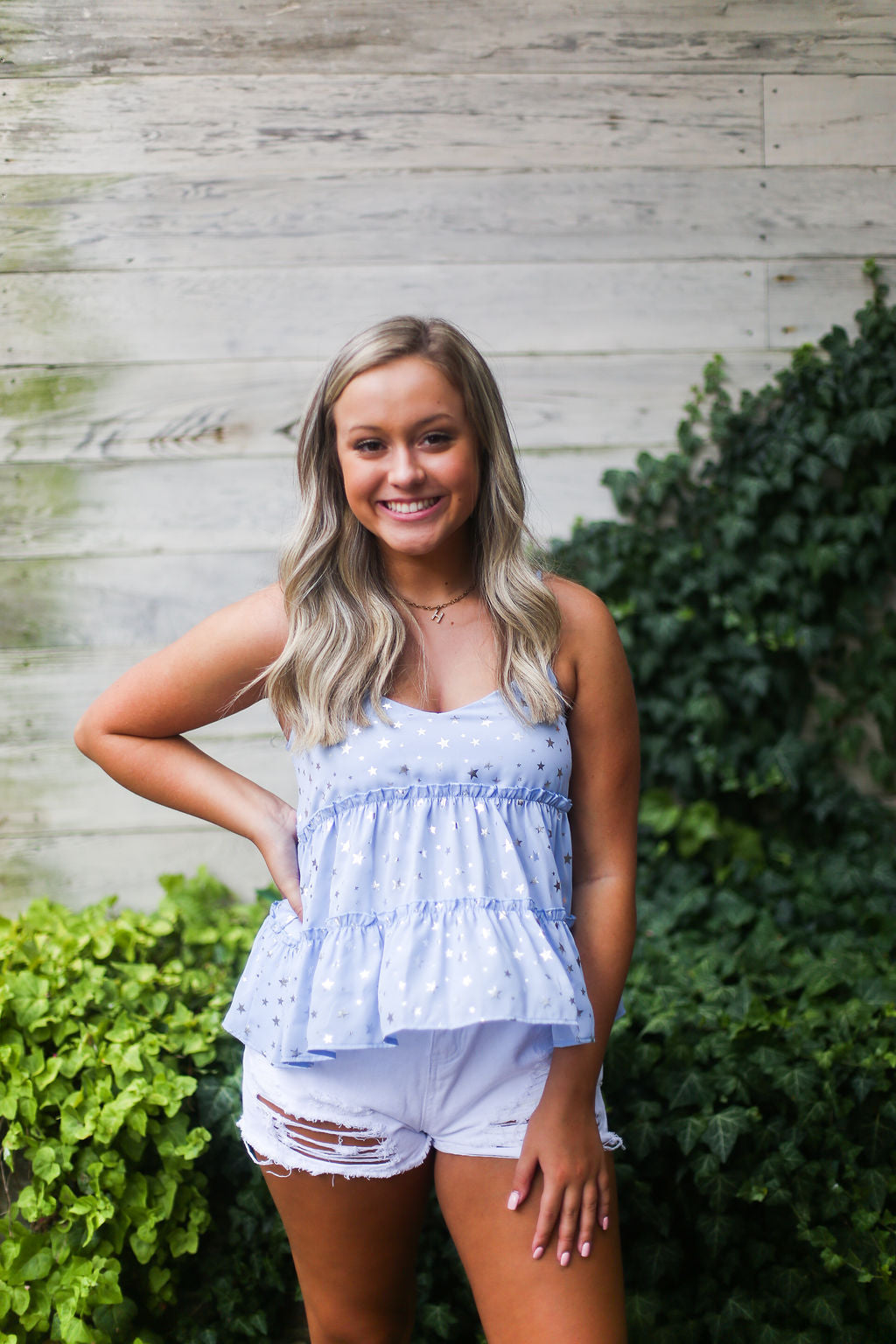 Light Blue Silver Star Pattern Tank Top