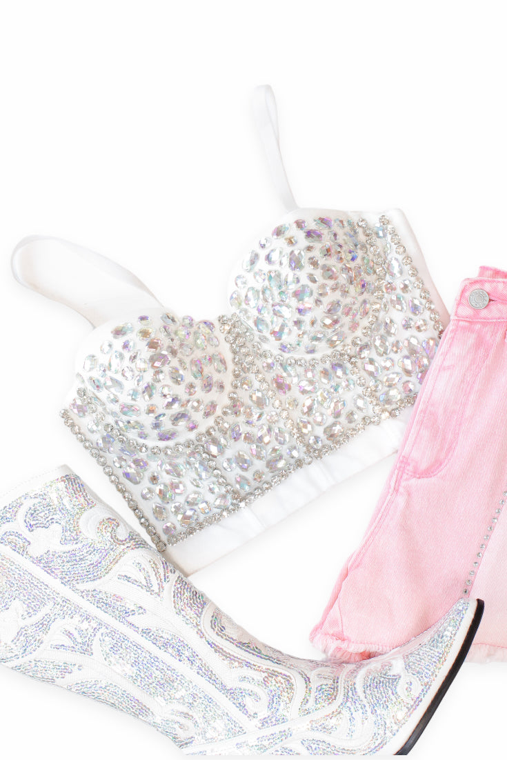 White Rhinestone Bustier Top
